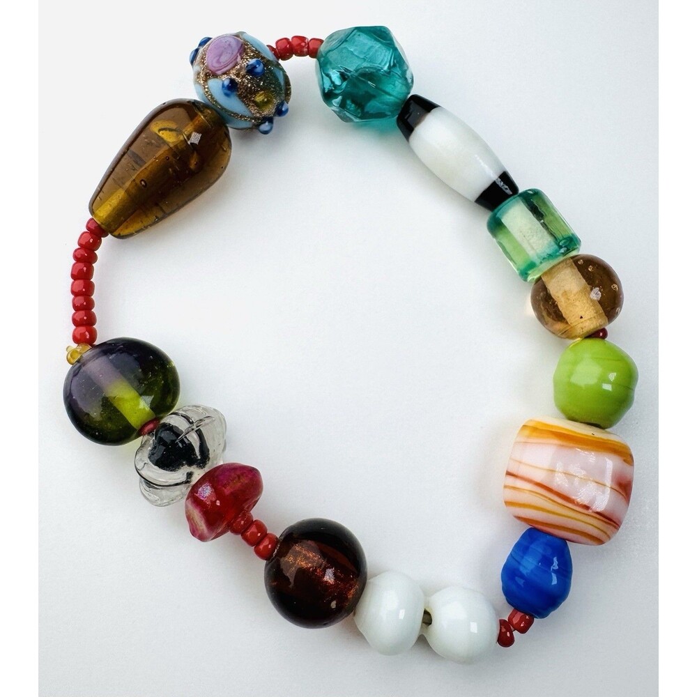 Murano Style Multicolor Art Glass Bead Stretch Bracelet Lampwork Foil